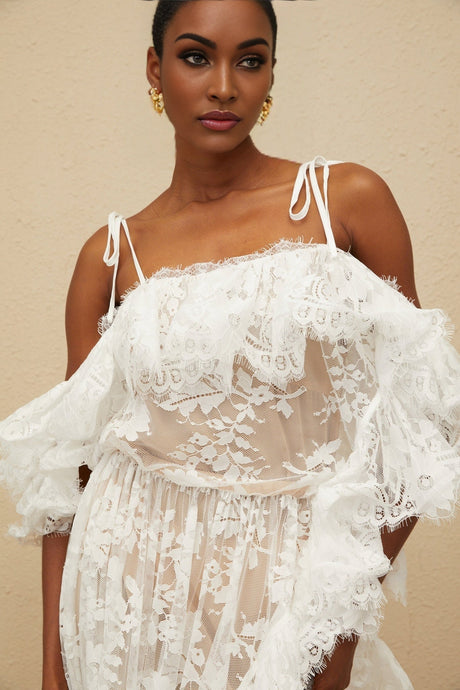 Jazlyn One Shoulder Mini Dress - Floral Lace - Ruffled Detailing - Asymmetrical Design - Lined - Slip - On Style