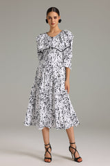 Jazlyn White Flounced Midi Dress with Voluminous Sleeves