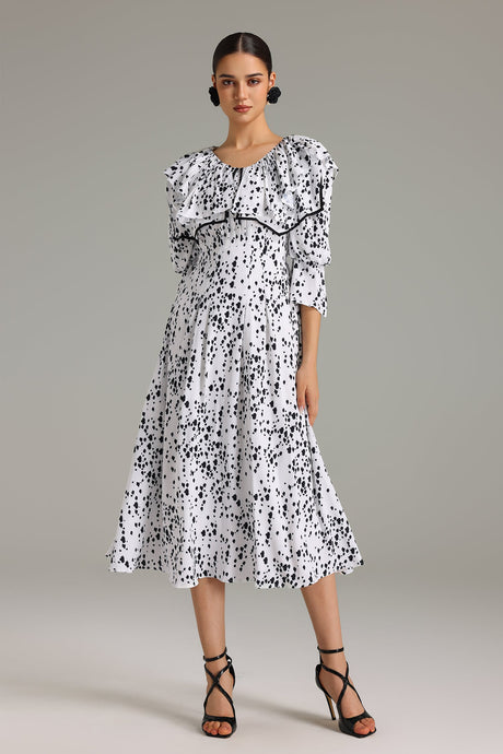 Jazlyn White Flounced Midi Dress with Voluminous Sleeves