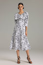 Jazlyn White Flounced Midi Dress with Voluminous Sleeves