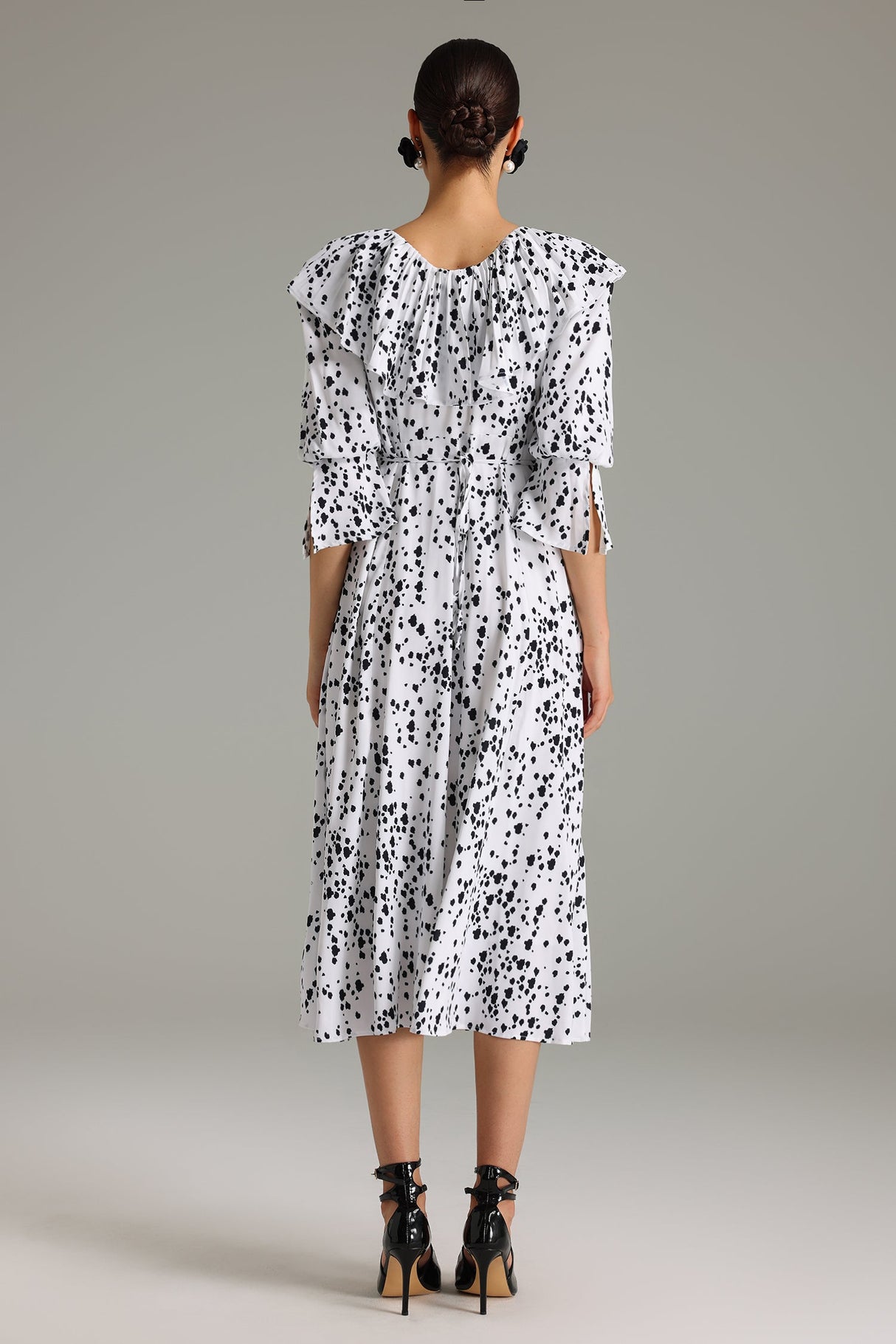 Jazlyn White Flounced Midi Dress with Voluminous Sleeves