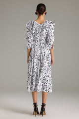 Jazlyn White Flounced Midi Dress with Voluminous Sleeves