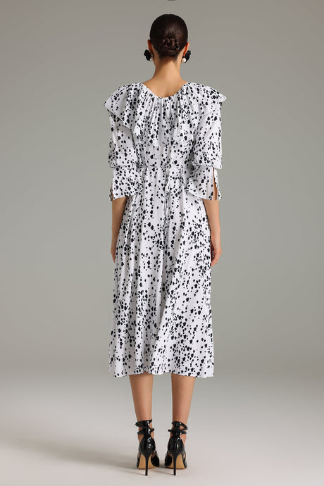 Jazlyn White Flounced Midi Dress with Voluminous Sleeves