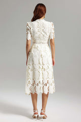 Jazlyn White Lace High Neckline Dress with Cutwork Design for Summer Events or Garden Parties