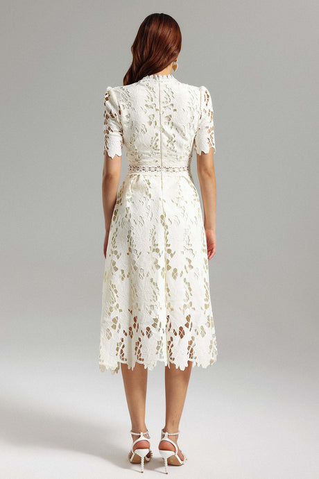 Jazlyn White Lace High Neckline Dress with Cutwork Design for Summer Events or Garden Parties