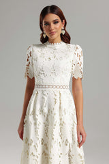 Jazlyn White Lace Midi Dress High Neckline Short Sleeve Cutwork Design Floral Pattern Elegant Summer Garden Party Wedding Brunch Romantic Evening Comfortable Stylish Sophisticated Modern Beauty