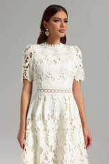 Jazlyn White Lace Midi Dress High Neckline Short Sleeves Cutwork Design Floral Patterns Elegant Summer Garden Party Wedding Brunch Romantic Evening Sophisticated Comfortable Stylish Graceful Flow