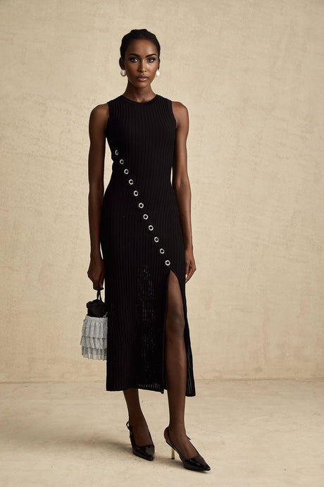 Jeanne black hoopembellished knitted midi dress