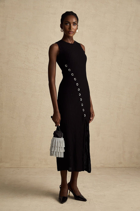 Jeanne black hoopembellished knitted midi dress