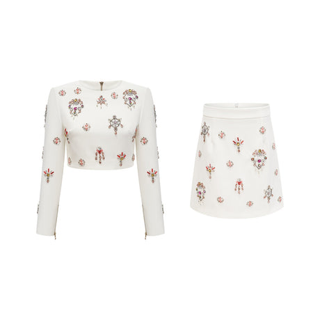 Jeanne white crystalembellished top  skirt matching set