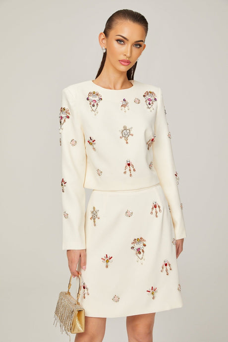 Jeanne white crystalembellished top  skirt matching set