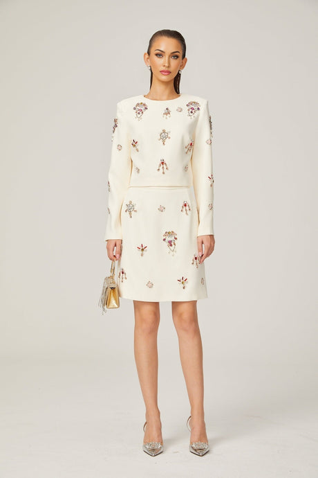 Jeanne white crystalembellished top  skirt matching set