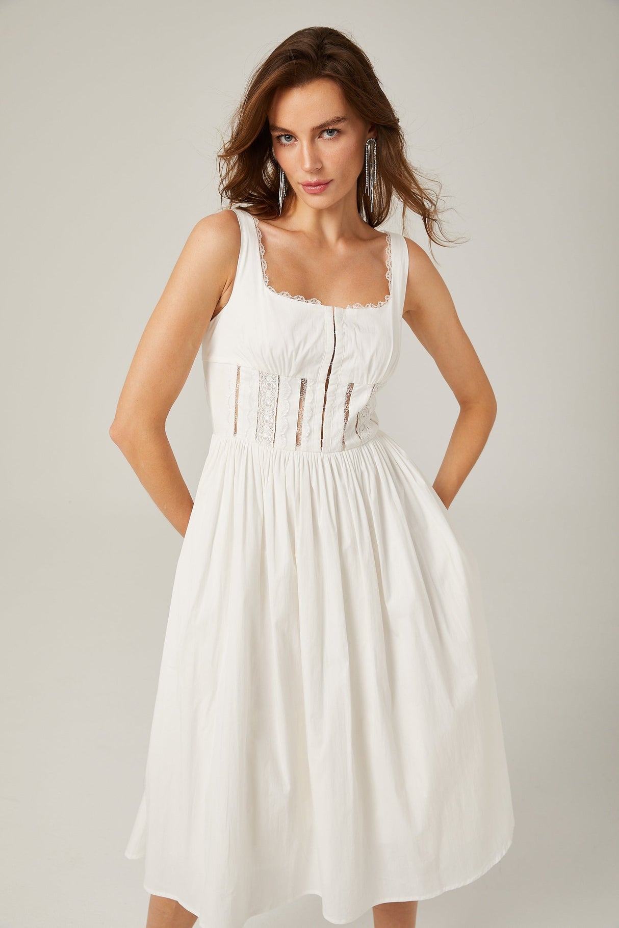 Jeanne white lace cutout midi dress
