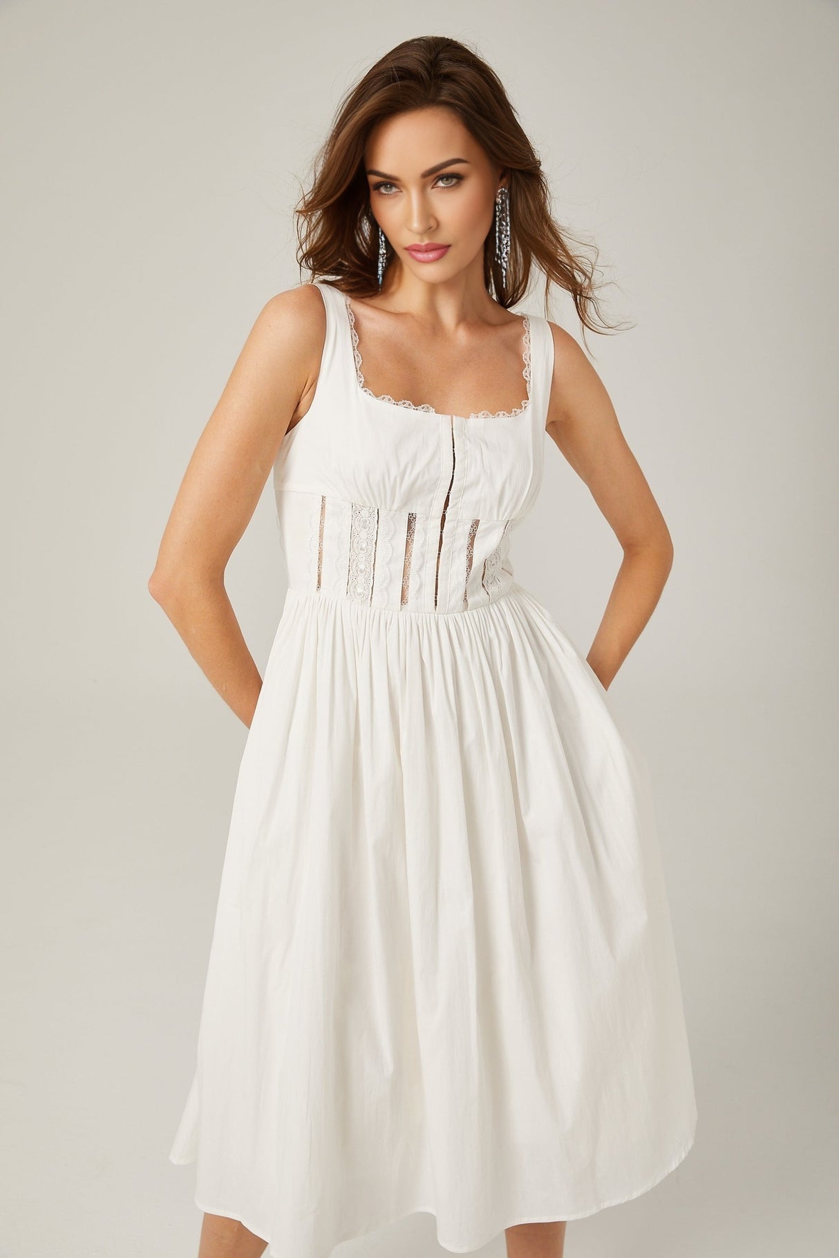 Jeanne white lace cutout midi dress