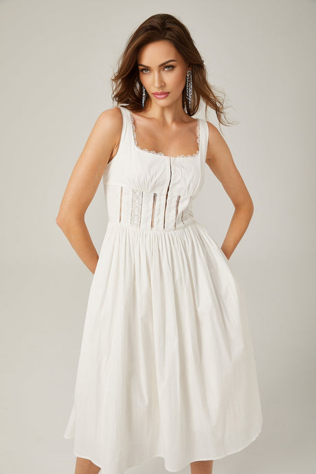 Jeanne white lace cutout midi dress