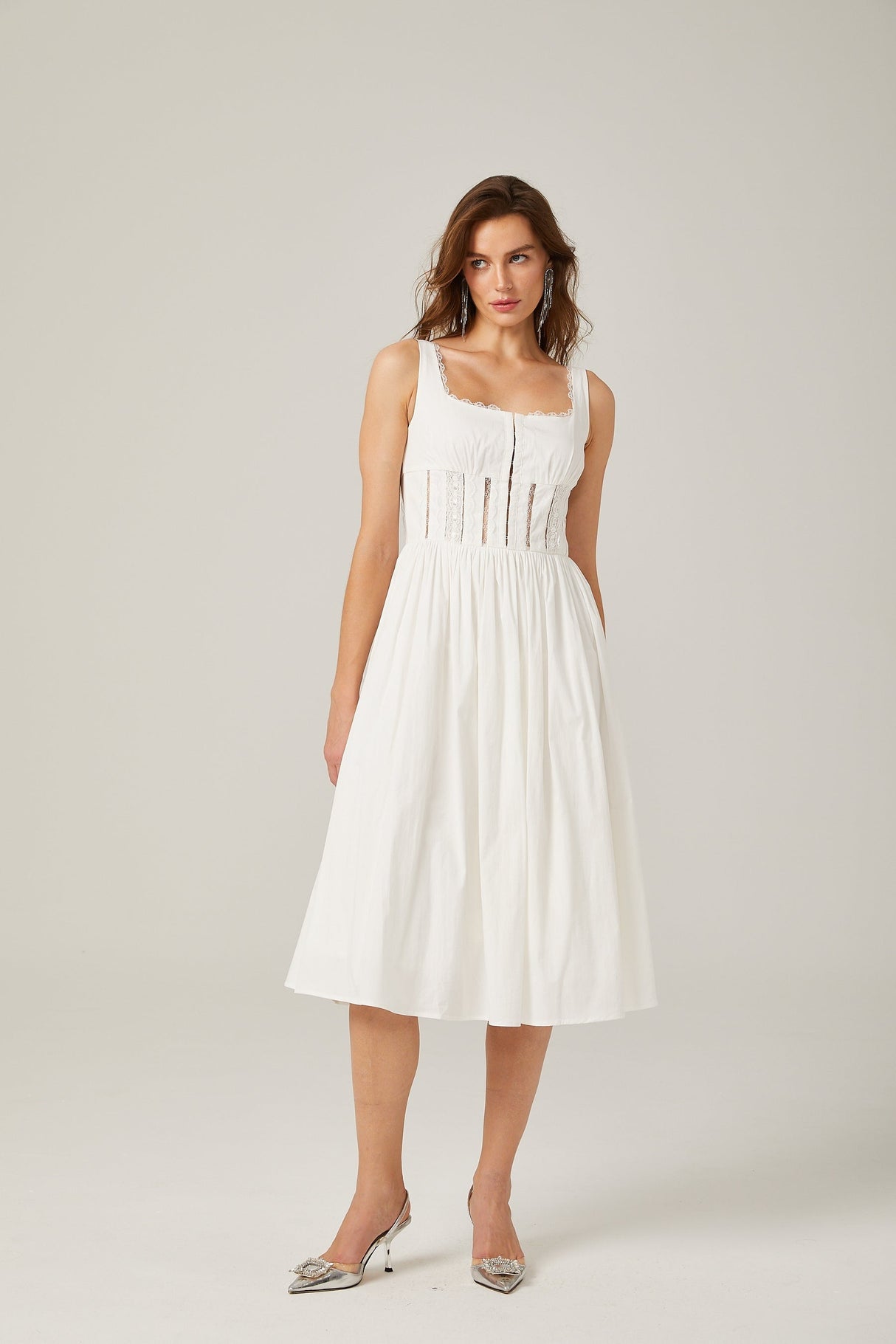 Jeanne white lace cutout midi dress