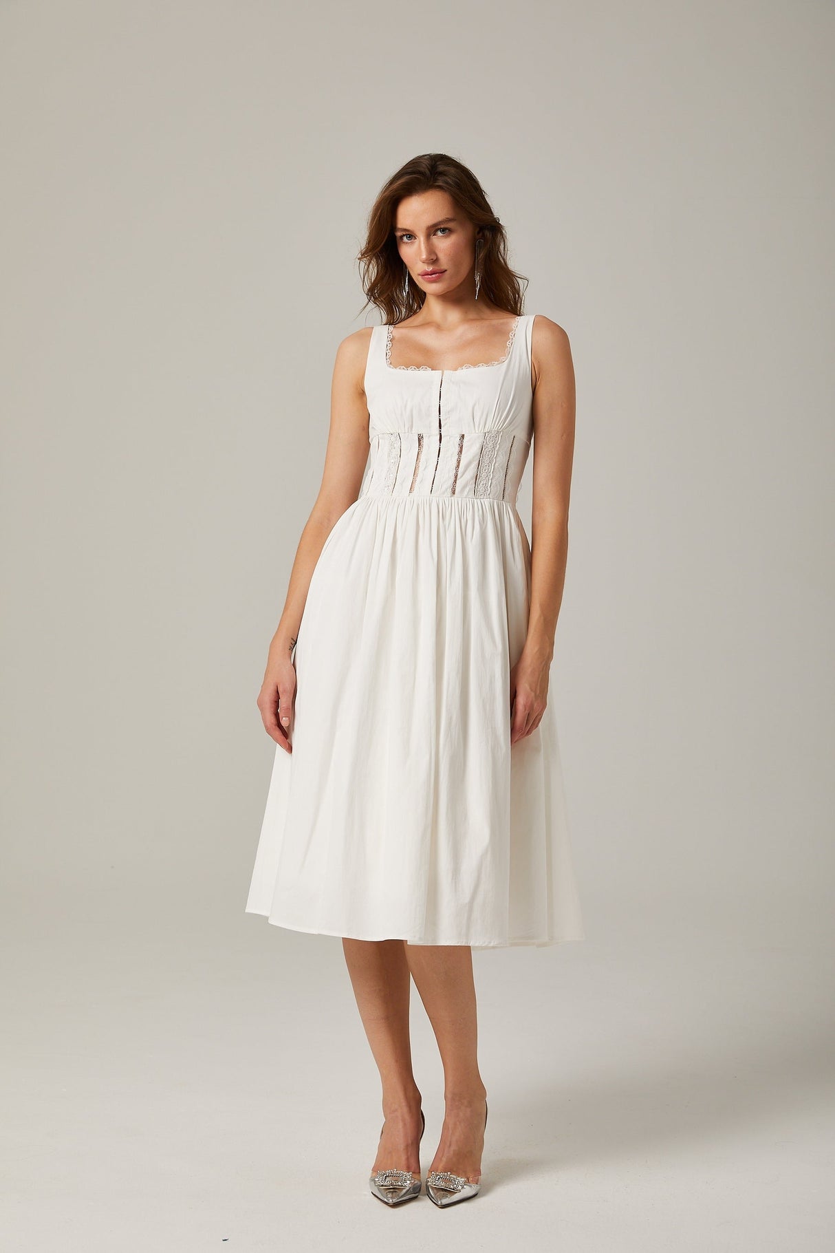 Jeanne white lace cutout midi dress