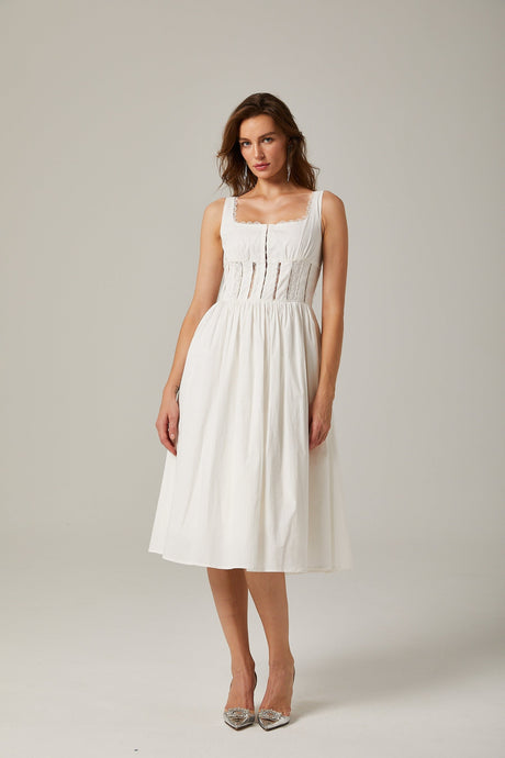 Jeanne white lace cutout midi dress
