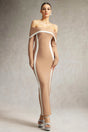 Jelena Brown Off-the-Shoulder Bodycon Dress with Contrasting Lines and Long Sleeves