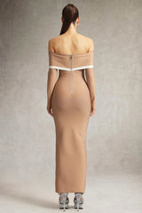 Jelena Brown Off-The-Shoulder Bodycon Dress with Contrasting Lines Long Sleeves
