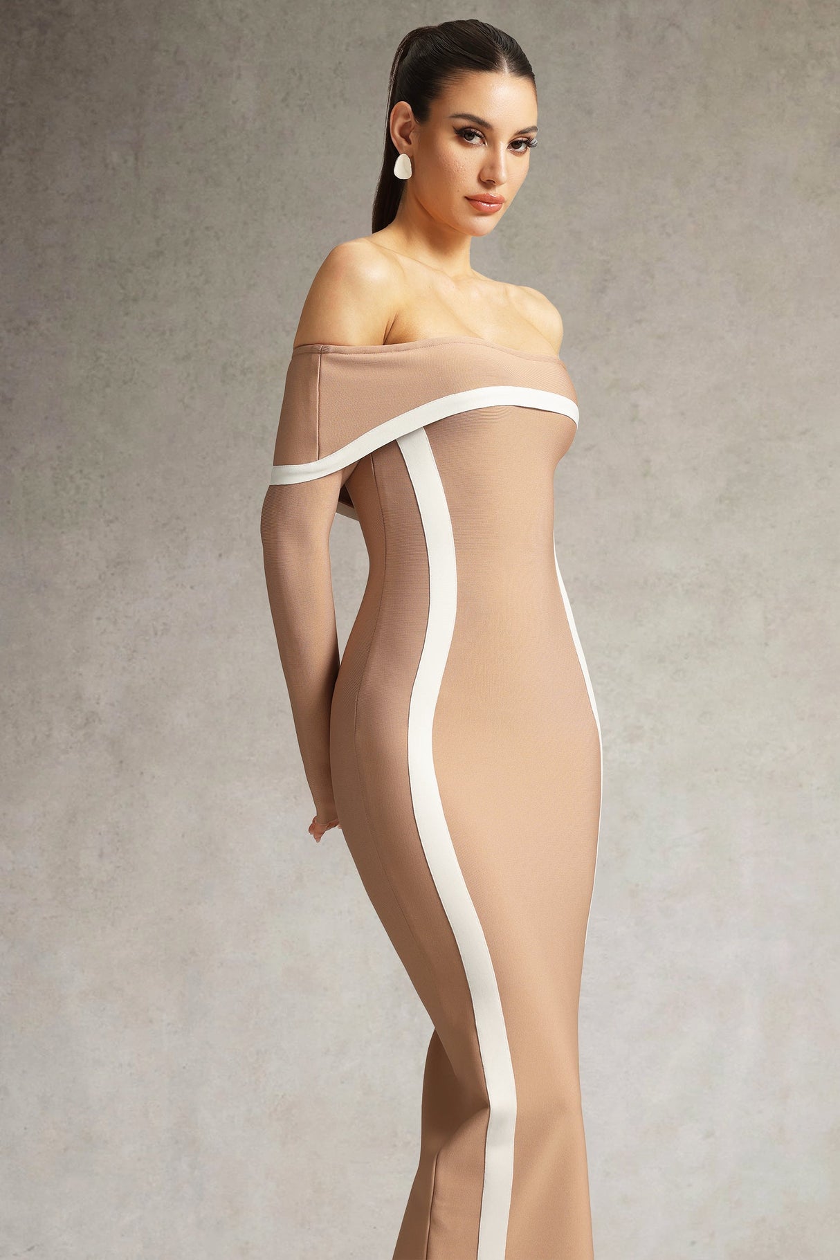 Jelena Brown Off-the-Shoulder Bodycon Dress with Contrasting Lines and Long Sleeves