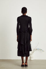 Jelena Midi Dress - Pleated & Tiered Ruffled Black with Long Sleeves