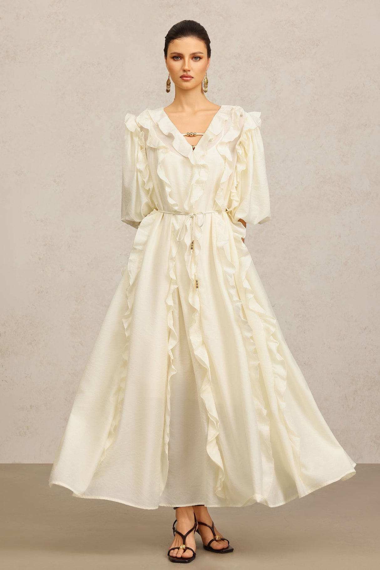 Jenna Beige Maxi Dress V-Neckline Elbow Sleeves Ruffled Detailing Cinched Waist