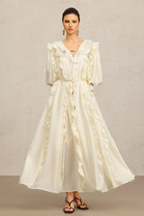 Jenna Beige Maxi Dress V-Neckline Elbow Sleeves Ruffled Detailing Cinched Waist