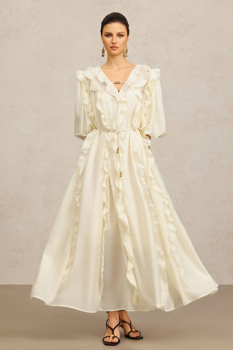 Jenna Beige Maxi Dress V-Neckline Elbow Sleeves Ruffled Detailing Cinched Waist