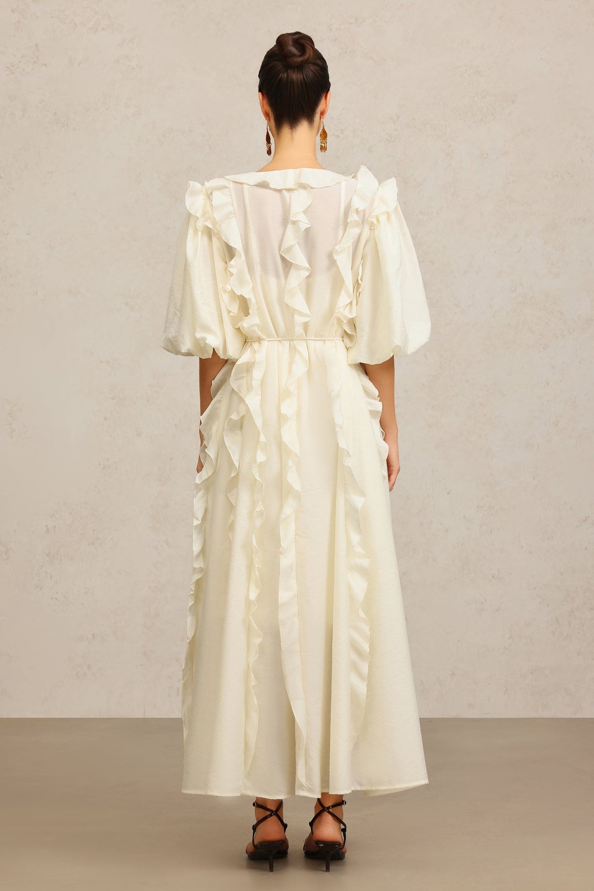 Jenna Beige Maxi Dress V-neckline Elbow Sleeves Ruffled Detailing Cinched Waist Soft Tie Luxurious Fabric Wedding Brunch Night Out Chic