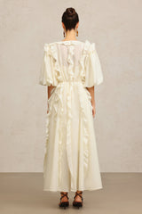 Jenna Beige Maxi Dress V-neckline Elbow Sleeves Ruffled Detailing Cinched Waist Soft Tie Luxurious Fabric Wedding Brunch Night Out Chic