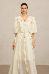 Jenna Beige Maxi Dress V-neckline Elbow Sleeves Ruffled Detailing Cinched Waist Soft Tie Luxurious Fabric Wedding Brunch Night Out Chic