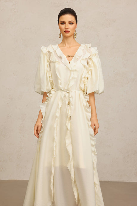 Jenna Beige Maxi Dress V-neckline Elbow Sleeves Ruffled Detailing Cinched Waist Soft Tie Luxurious Fabric Wedding Brunch Night Out Chic