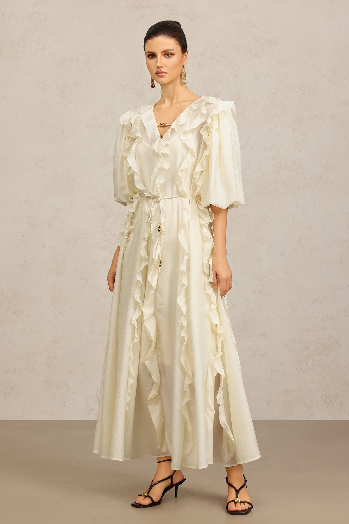Jenna Beige Maxi Dress with V-Neckline and Ruffled Detailing