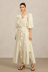 Jenna Beige Maxi Dress with V-Neckline and Ruffled Detailing
