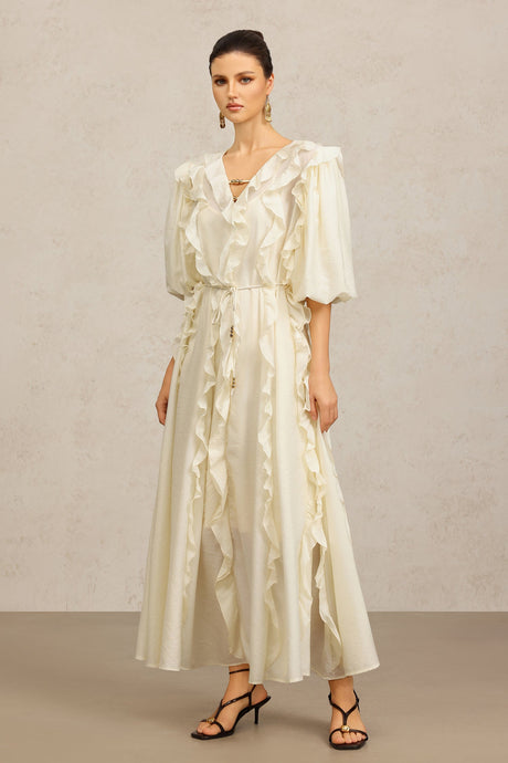 Jenna Beige Maxi Dress with V-Neckline and Ruffled Detailing