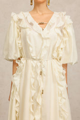 Jenna Beige Maxi Dress V-Neckline Elbow Sleeves Ruffled Detailing Cinched Waist Soft Tie Luxurious Fabric Wedding Brunch Night Out Chic