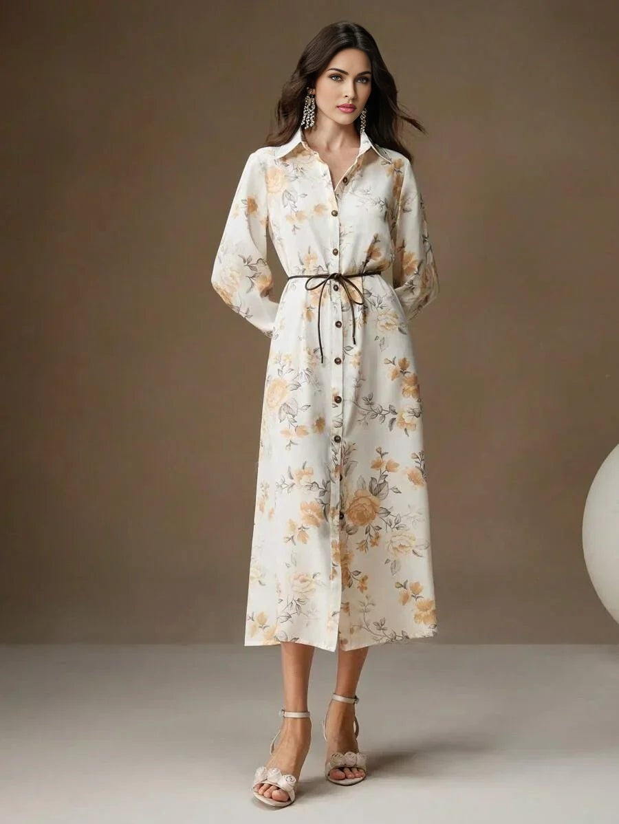 Jenna Midi Dress - Elegant Style - Floral Print - Belted Design - High Waist - Long Sleeve