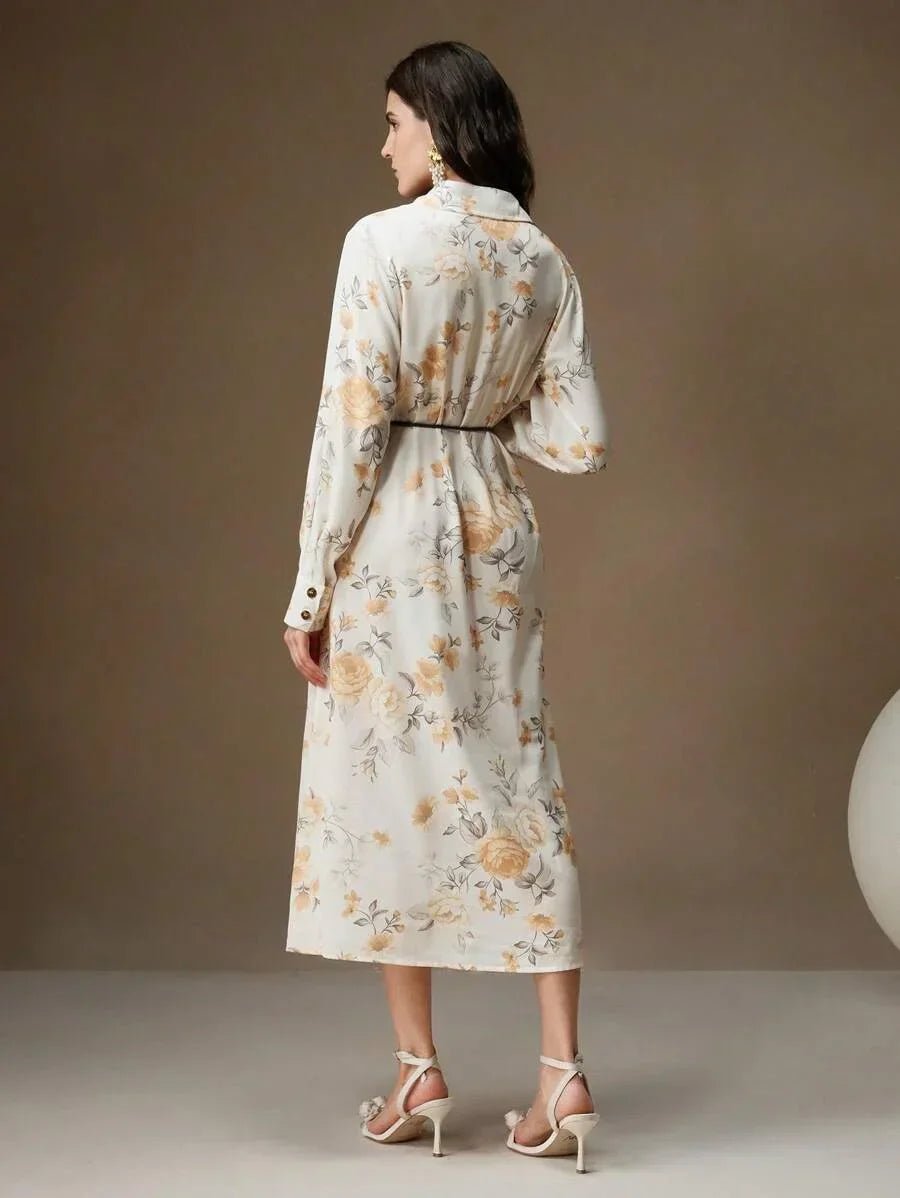 Jenna Midi Dress - Elegant Style - Floral Print - Belted Design - High Waist - Long Sleeve