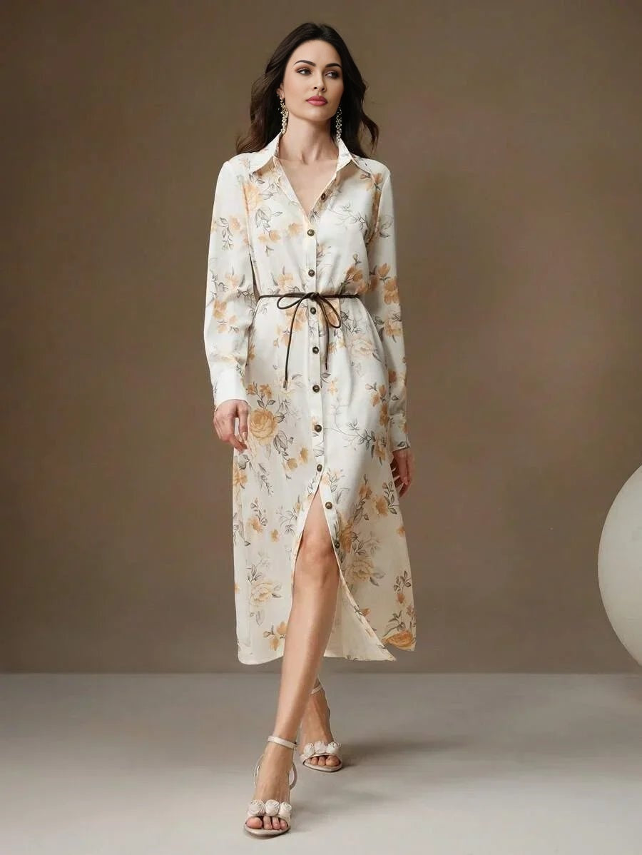 Jenna Midi Dress - Elegant Style - Floral Print - Belted Design - High Waist - Long Sleeve
