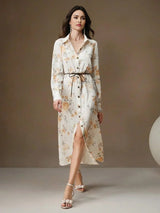 Jenna Midi Dress - Elegant Style - Floral Print - Belted Design - High Waist - Long Sleeve