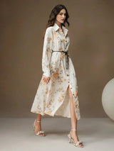 Jenna Midi Dress - Elegant Style - Floral Print - Belted Design - High Waist - Long Sleeve