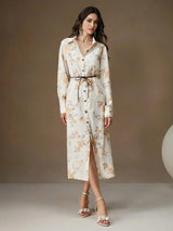 Jenna Midi Dress - Elegant Style - Floral Print - Belted Design - High Waist - Long Sleeve