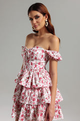 Jenna White Floral Layered Ruffle Dress
