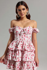 Jenna White Floral Off-the-Shoulder Layered Ruffle Dress