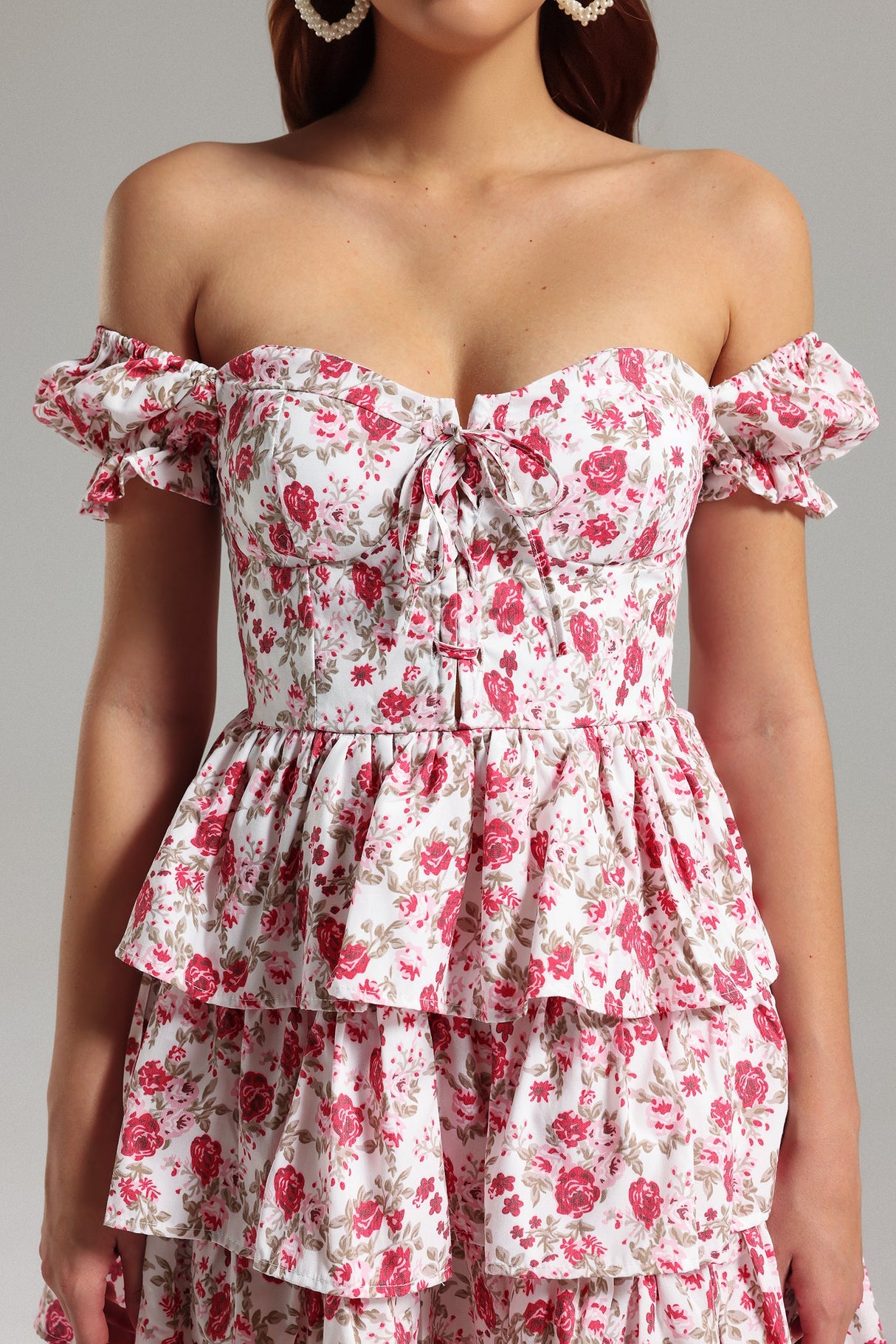 Jenna White Floral Off-The-Shoulder Layered Ruffle Dress