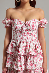Jenna White Floral Off-The-Shoulder Layered Ruffle Dress