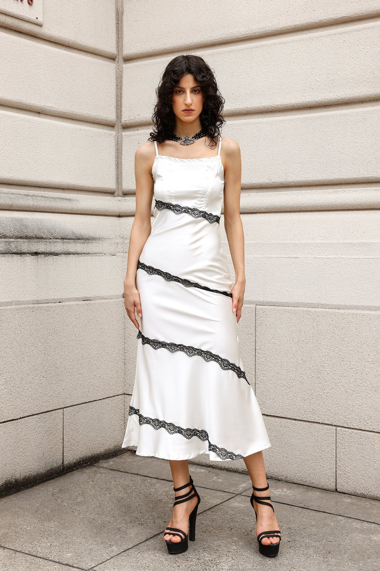 Jenna White Satin Square Neckline Dress with Skew Lace Detailing