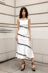 Jenna White Satin Square Neckline Dress with Skew Lace Detailing