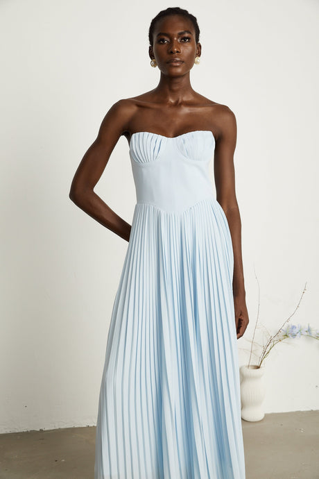 Jessica Blue Maxi Dress with Off - Shoulder Corset Style and Pleated Skirt